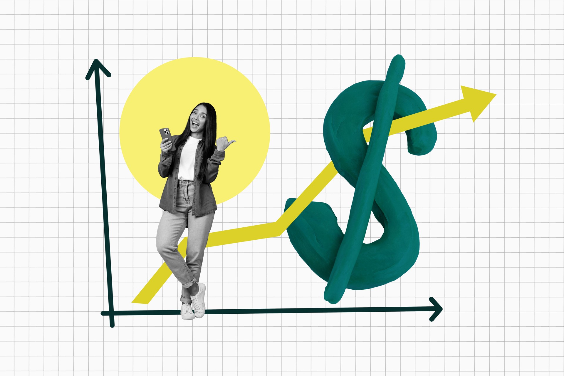 3d trendy image photo collage of happy businessman businesswoman receive dollar income success capital profit arrow development