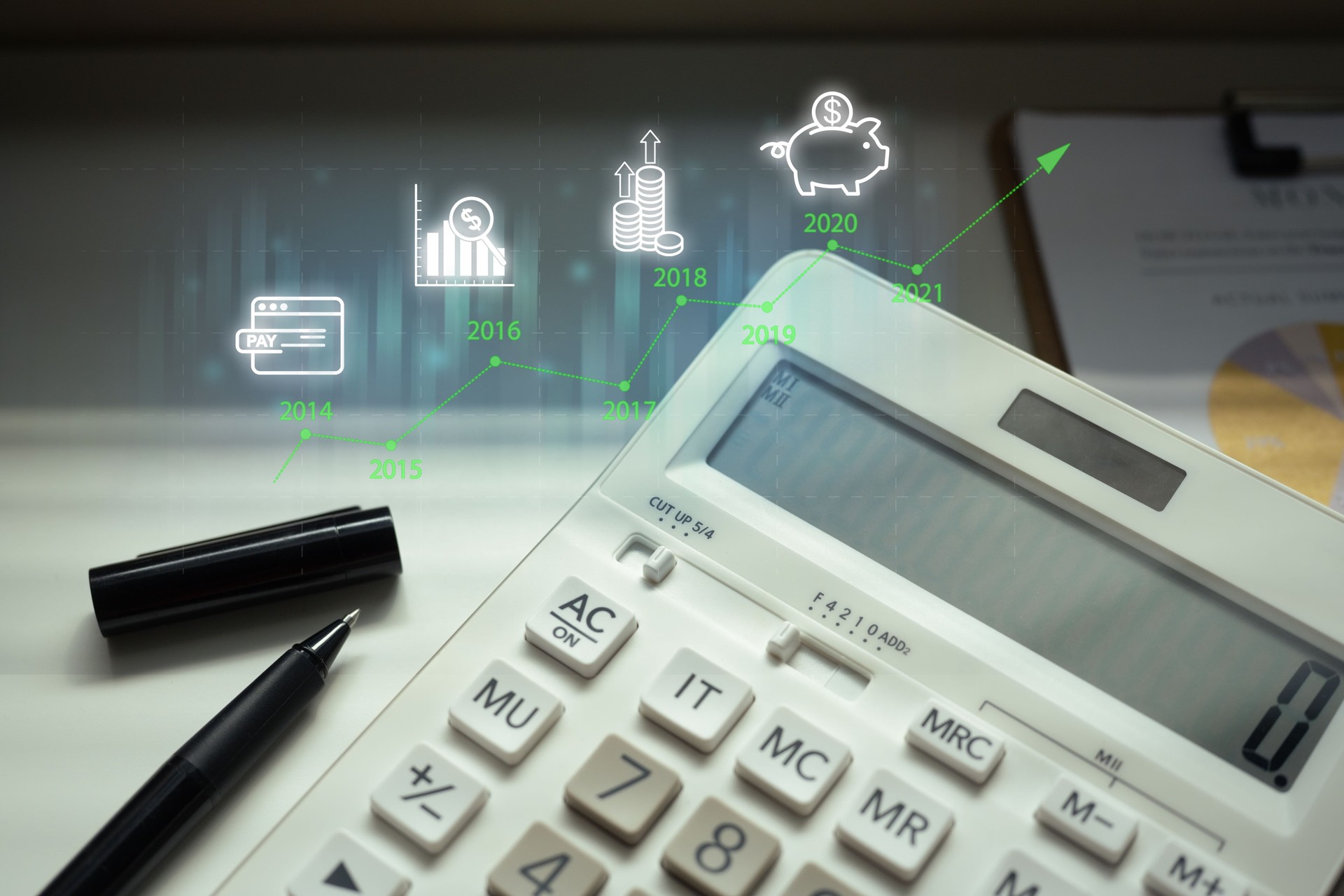 Business and finance tools with futuristic financial icons, representing savings, investment, and income trends